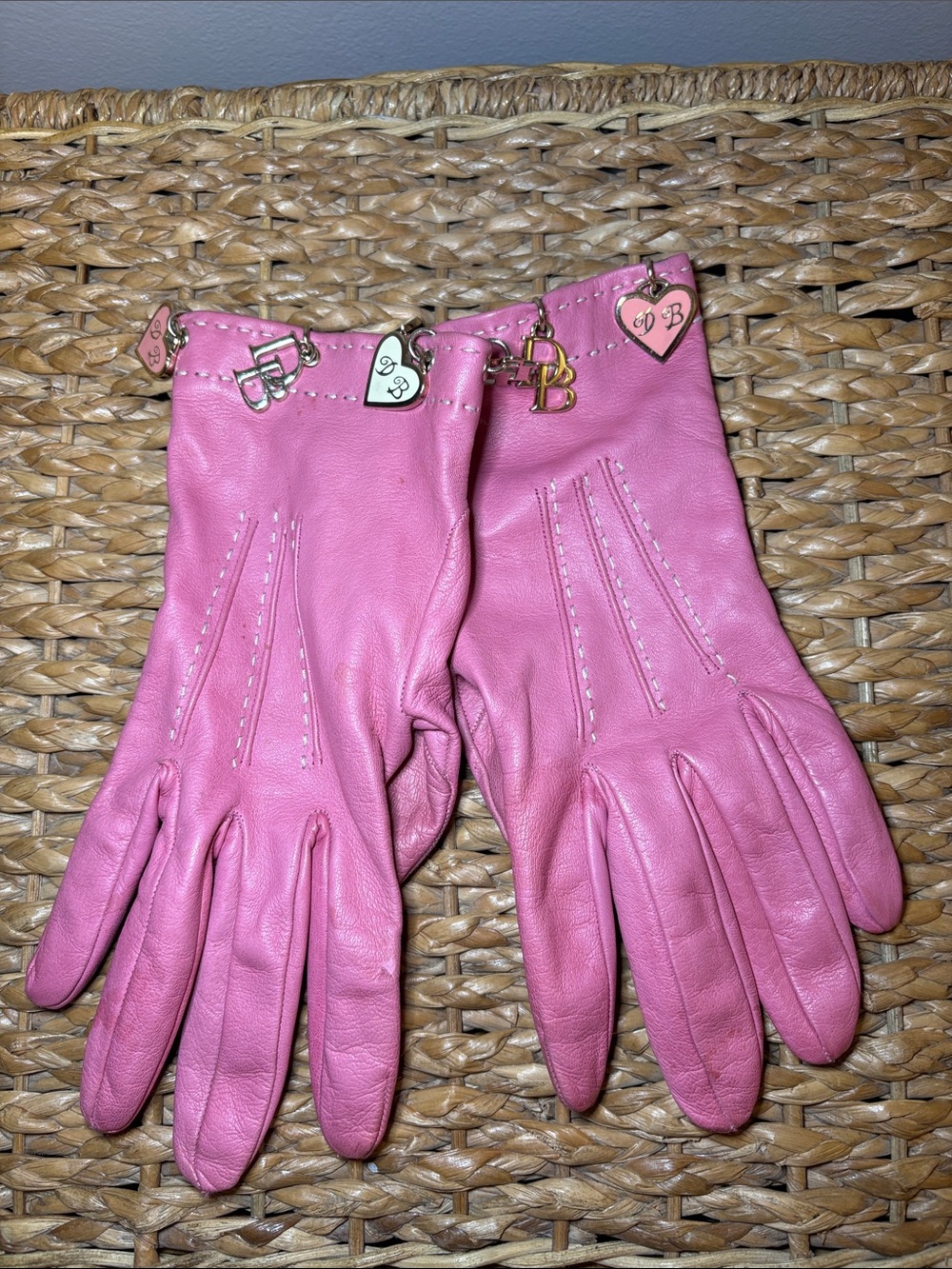 Dooney & Bourke Pink Leather Gloves with Logo Heart Charms